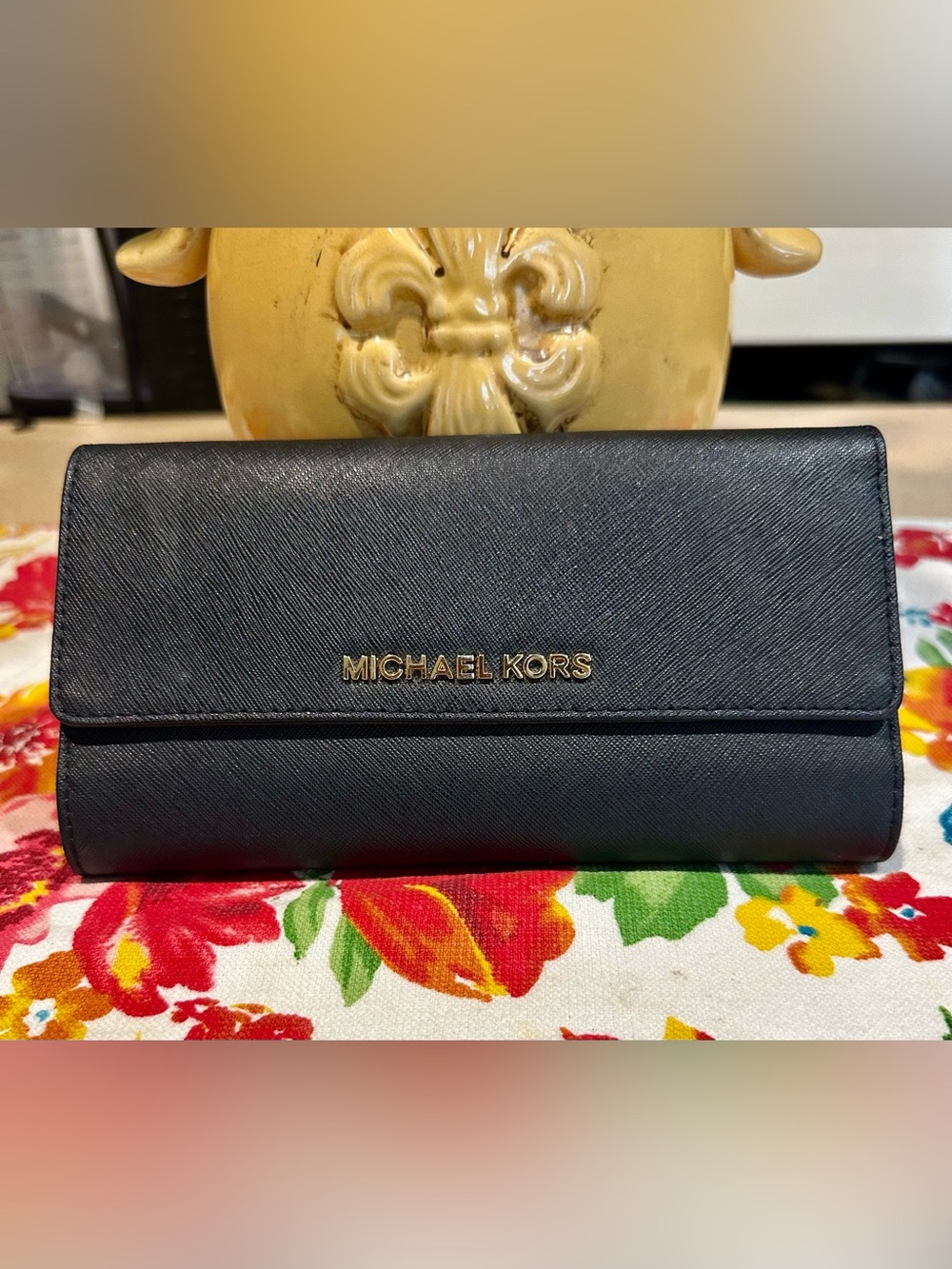 Michael Kors Black Saffiano Leather Continental Wallet with Gold Logo